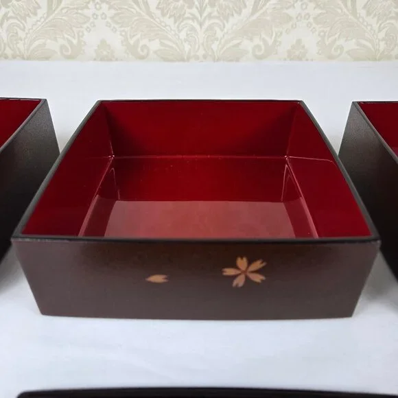 Japanese Jubako Stacked Box Brown w/Red Lacquer Interior Bunnies and Flowers